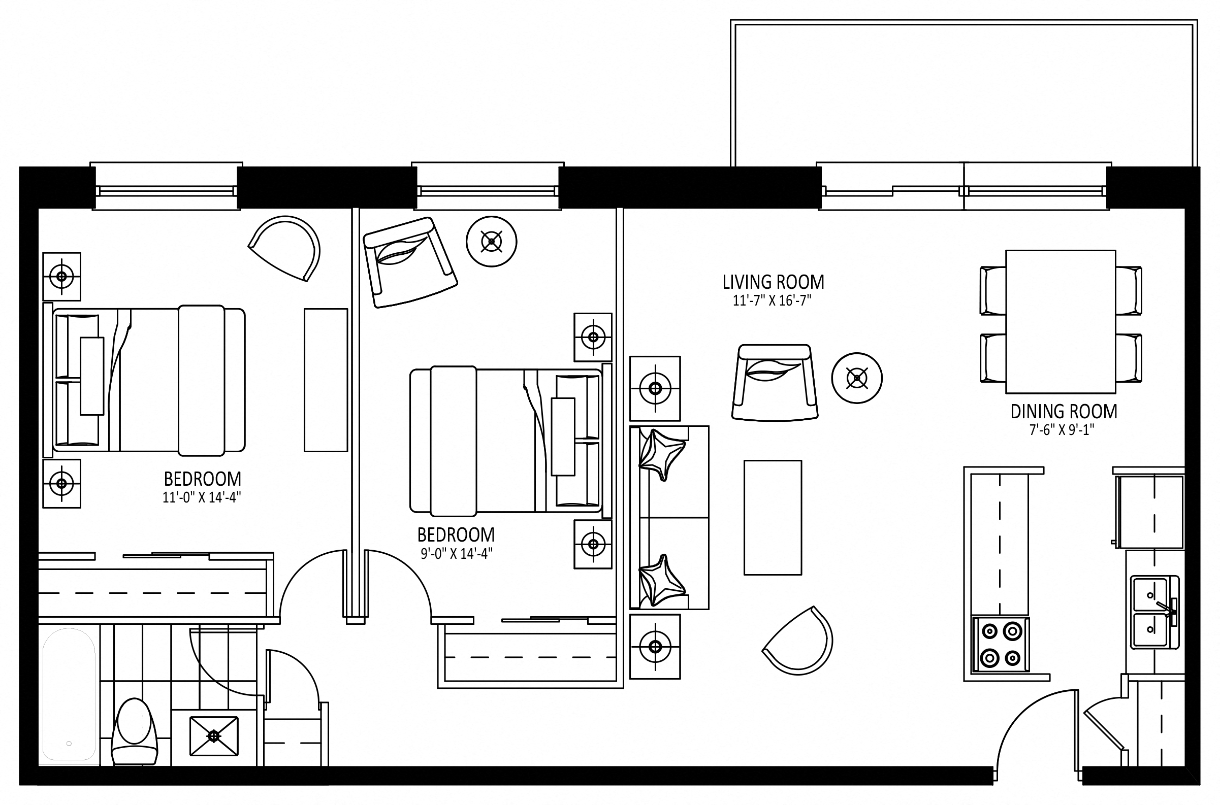 Floor plan for 2 beds, 1 bath, 898 sqft